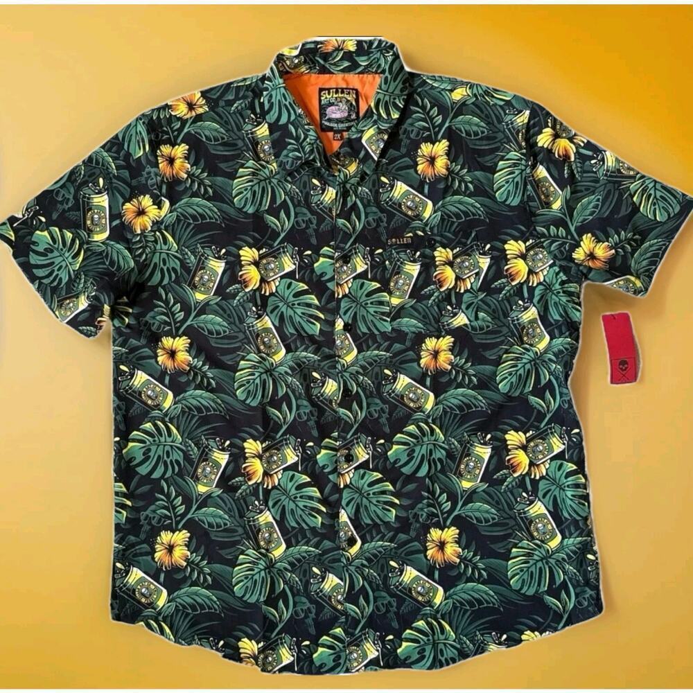 New Sullen Beer Garden Woven Button‎ Down Pool Shirt Beer Leaves 2XL NWT A117